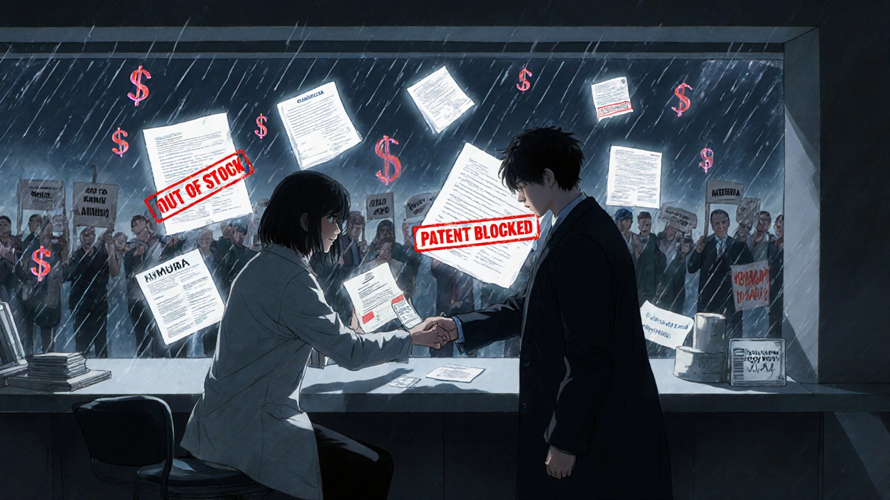 A pharmacist gives a patient a blocked prescription while branded drug holograms spin above.