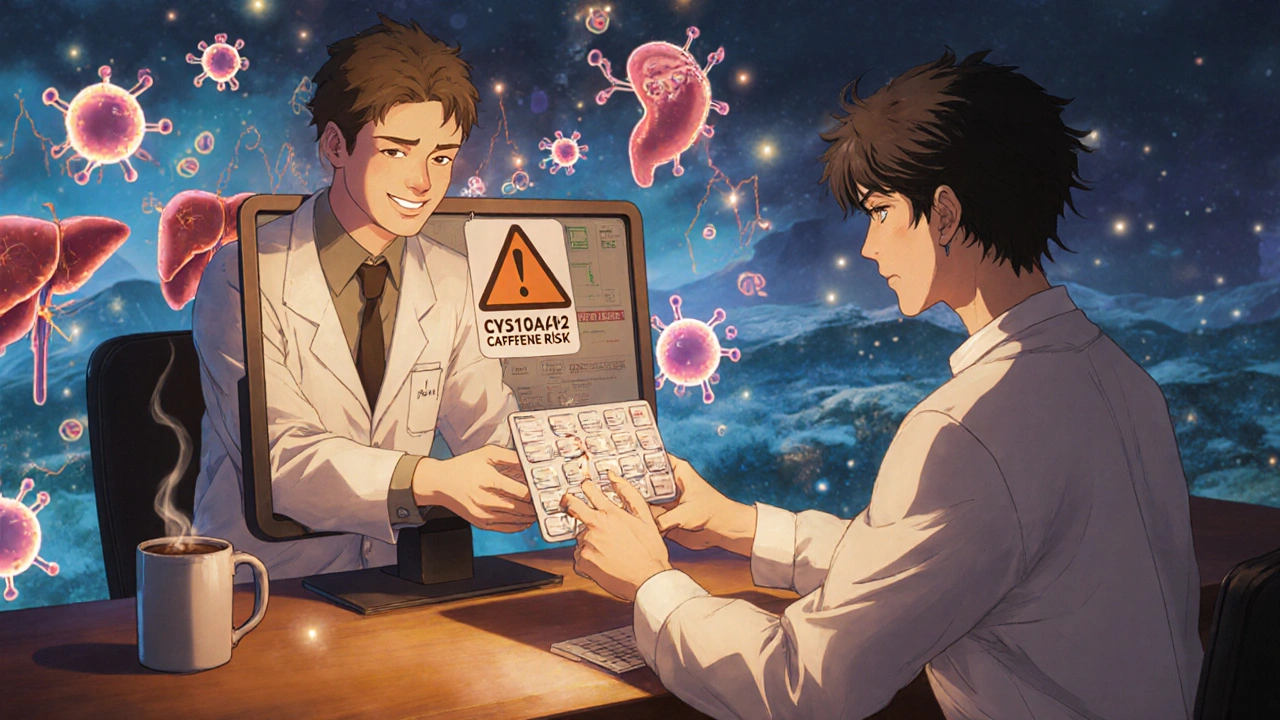 A pharmacist gives a warning to a patient as enzyme molecules are blocked by caffeine in a surreal liver scene.