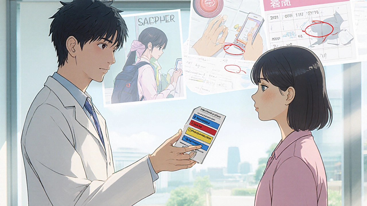 A pharmacist giving a patient a color-coded medication guide with emergency prep scenes in the background.