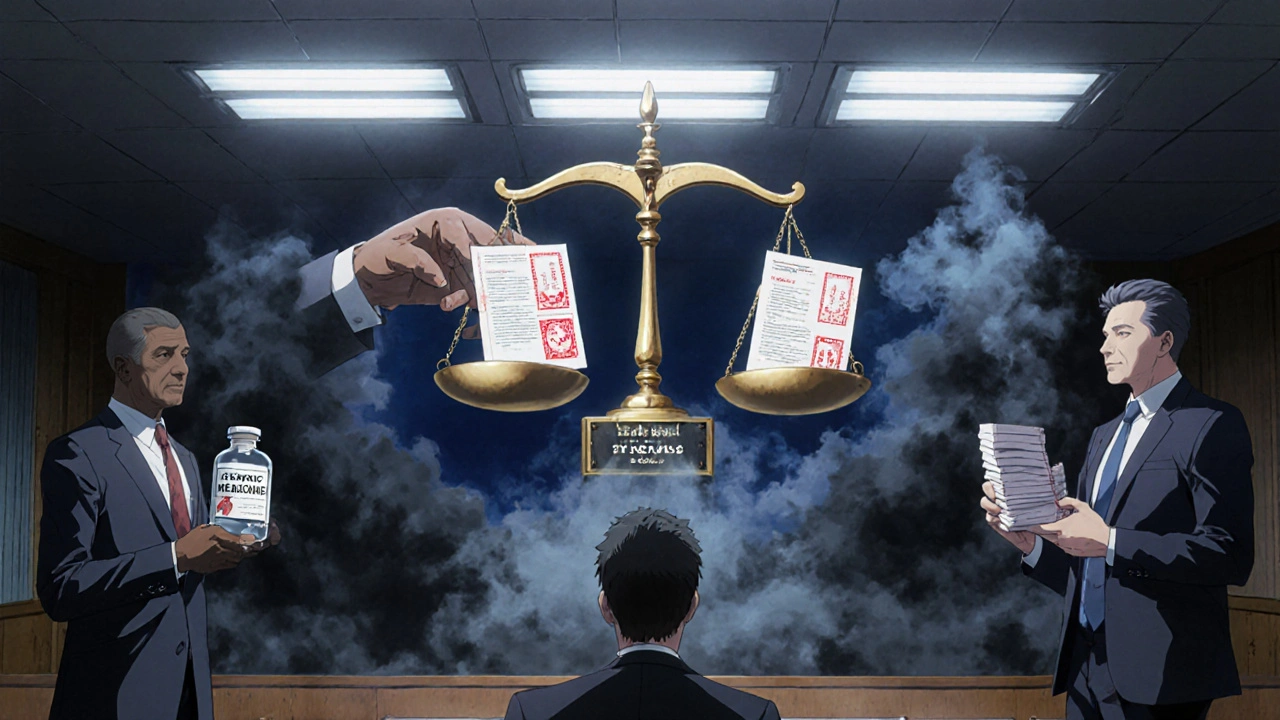 A small delegation faces corporate lawyers in a courtroom where justice leans toward dollar signs.