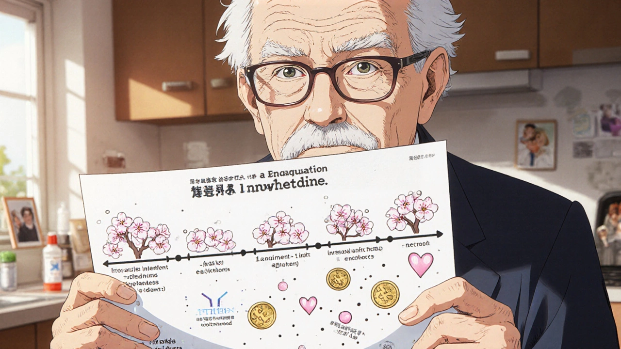An elderly man studying a printed FDA generic drug infographic at home under warm kitchen light.