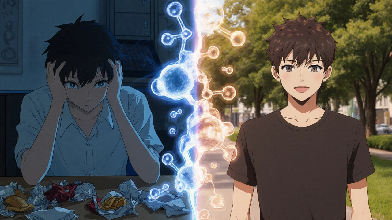 Before and after scene of a person transitioning from fatigue to energy with parsnip molecules glowing between them.