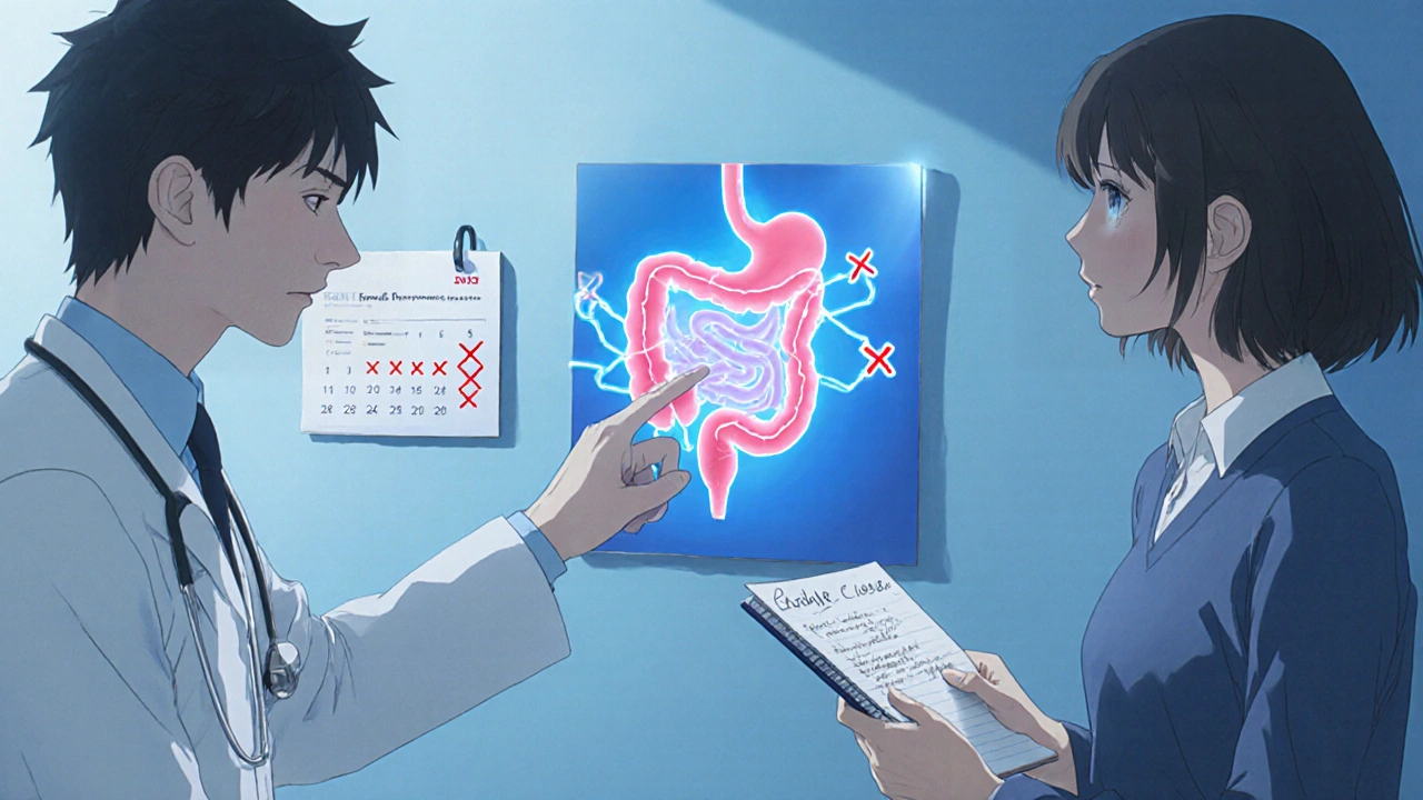 Doctor and patient reviewing bone-health model in clinic, calendar showing long-term PPI use.