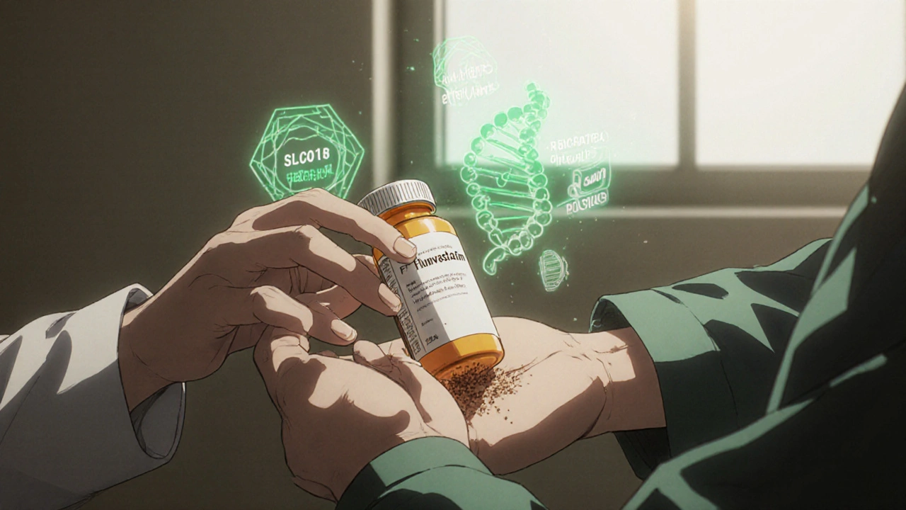 Doctor giving fluvastatin prescription as harmful drug icons shatter, gene variant faintly glowing.