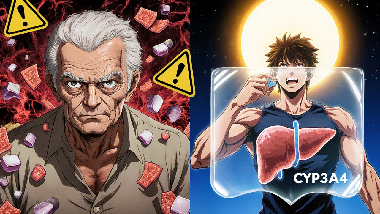 Elderly man suffering from statin myopathy contrasted with healthy person protected by safe statin.