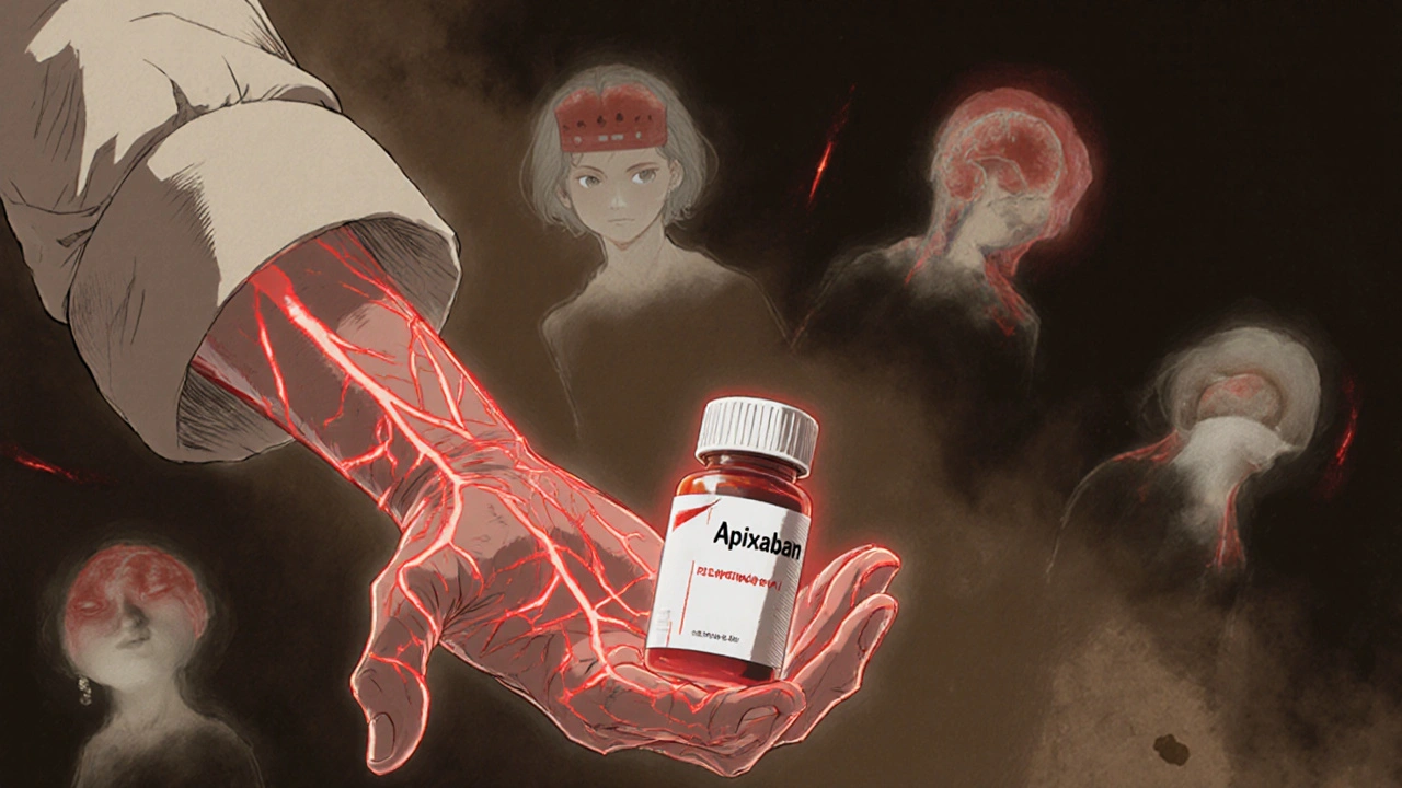 Elderly woman holding blood thinner pill, glowing red veins symbolizing internal bleeding risk.