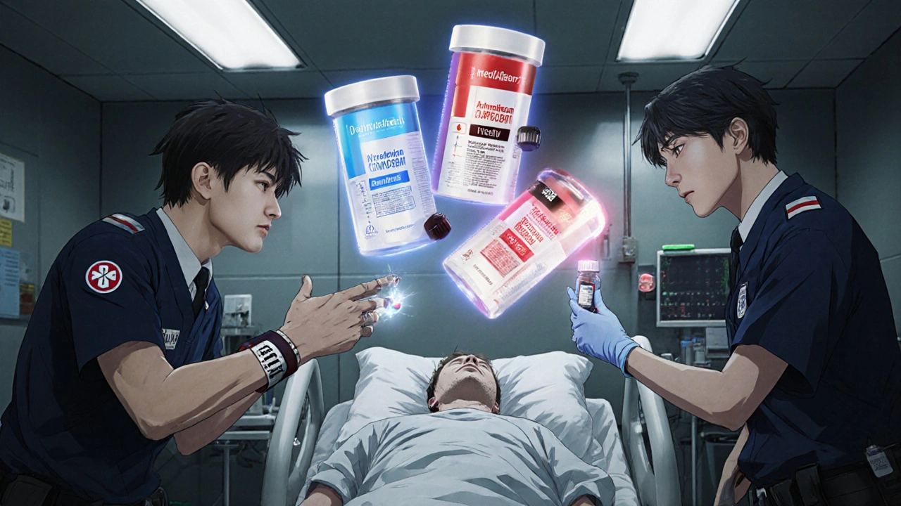 ER team rushing unconscious patient, MedicAlert bracelet visible, glowing anticoagulant vials above bed.