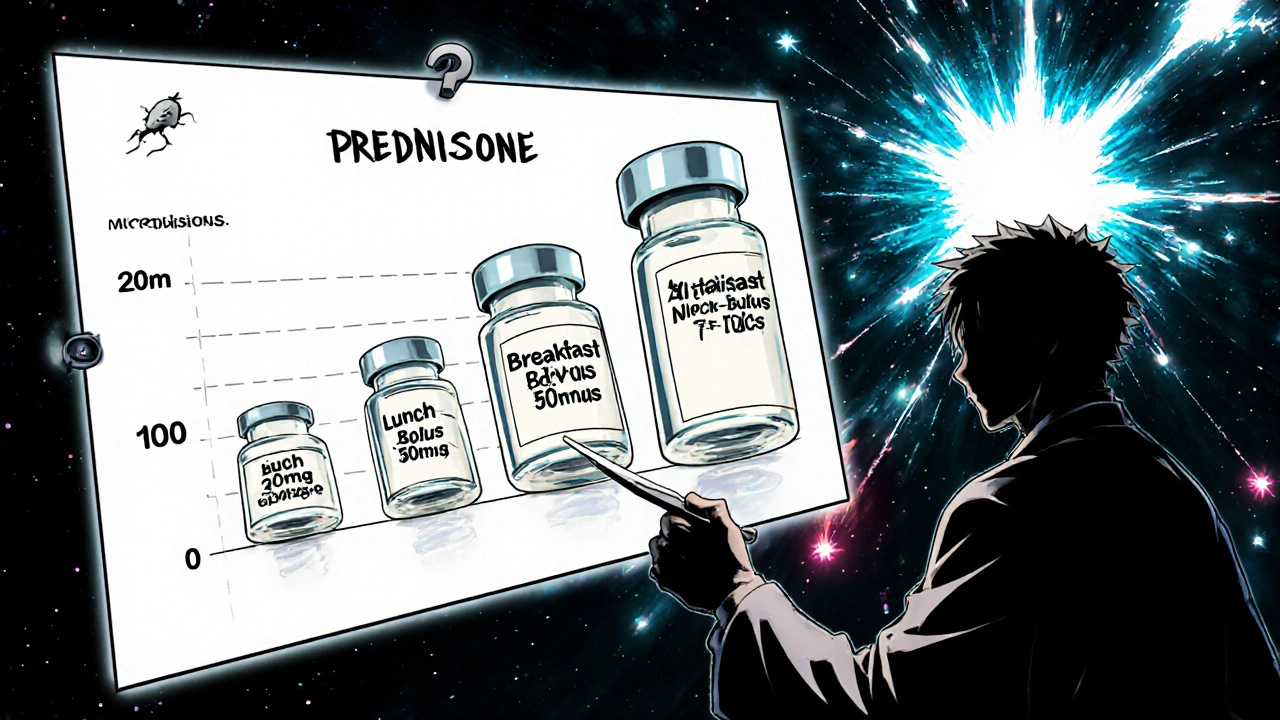 Floating insulin vials growing with steroid dosage, patient body glowing with glucose storms, doctor hesitating with scalpel.
