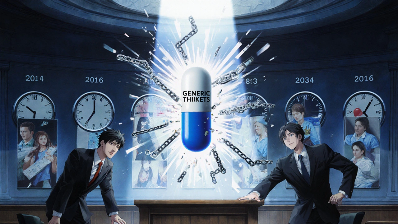 Generic capsule breaking patent chains in a courtroom lit by symbolic sunlight.