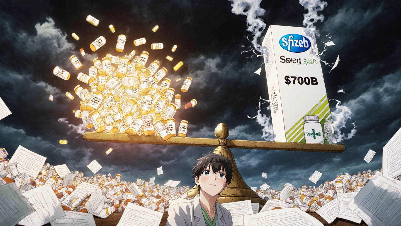 Massive scale tipping under weight of brand-name drug costs versus generic savings.