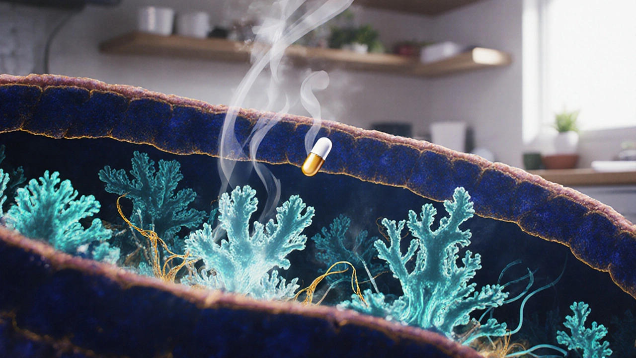 Microscopic view of gut bacteria thriving on inulin fibers, with a dissolving capsule in foreground.