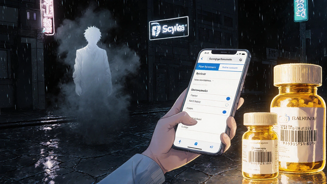 Patient hesitating outside an illegal online pharmacy, real medicine bottles glowing in foreground.