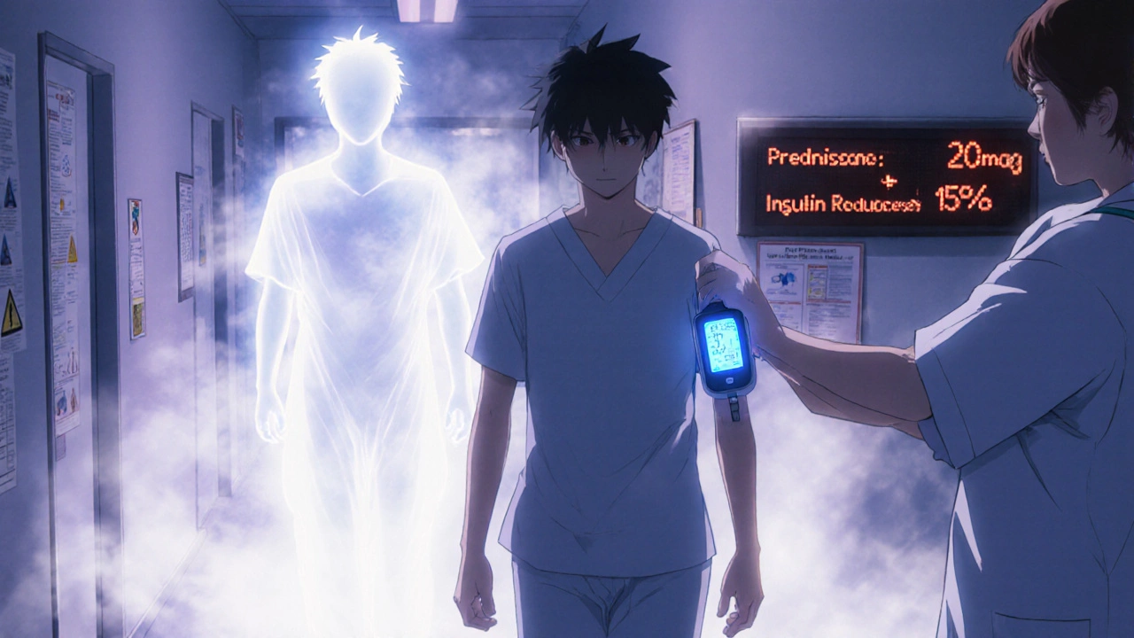 Patient walking with CGM as ghostly former self fades, nurse adjusting IV, digital countdown shows steroid taper and insulin reduction.
