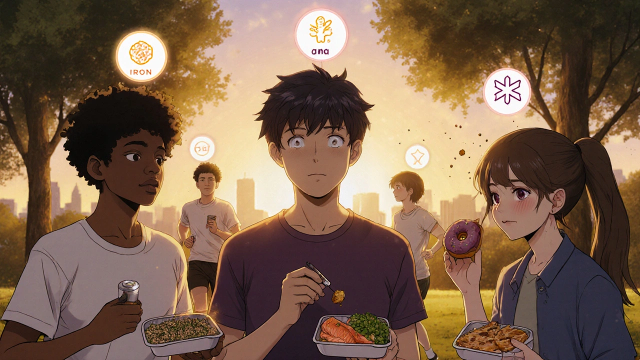 People enjoying gluten-free meals in a park, with nutrient symbols above their heads and a Nima sensor in use.