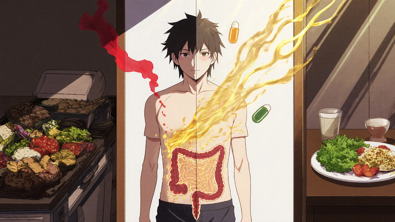 Person with transparent body revealing visceral fat, while golden probiotics repair gut lining and reduce inflammation.