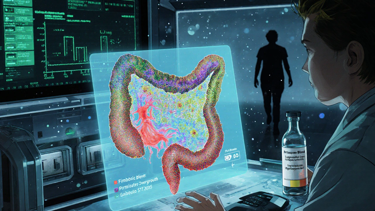 Scientist examining a holographic gut microbiome map with personalized probiotic blend being synthesized in a high-tech lab.