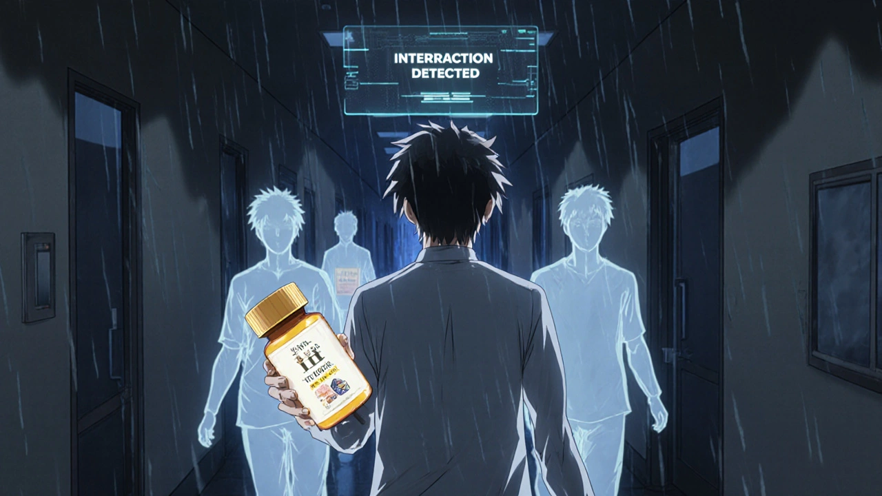 Silhouettes of patients walk toward emergency exits, each carrying supplements that cast ominous shadows in a hospital corridor.