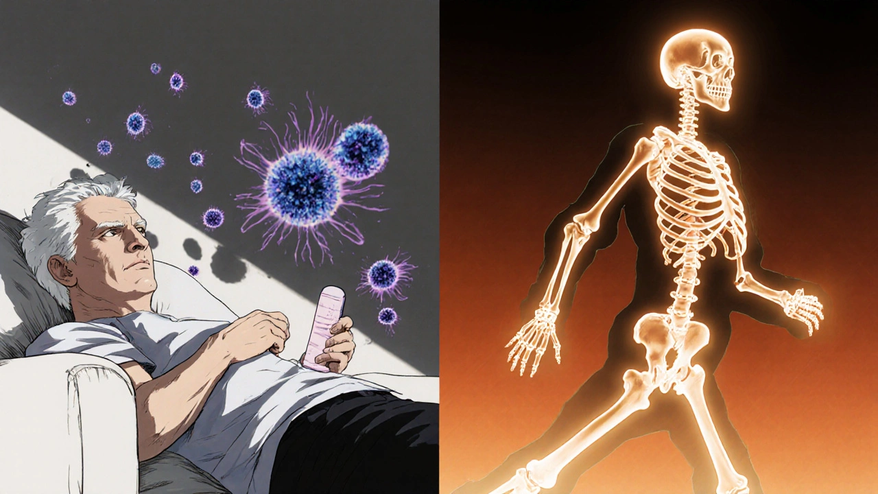 Split scene: man with weakening bones on PPIs vs. strengthened bones with lifestyle changes.