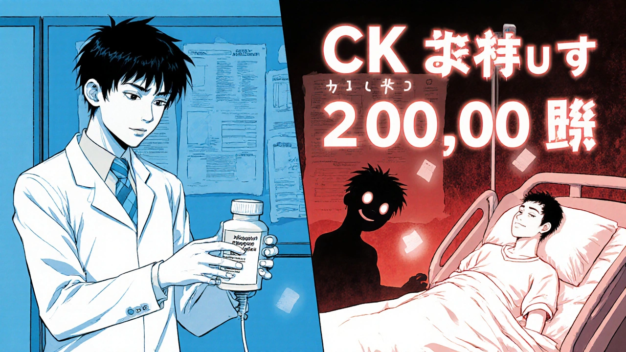 Split scene: pharmacist giving antibiotic vs patient in hospital with skyrocketing muscle damage numbers.