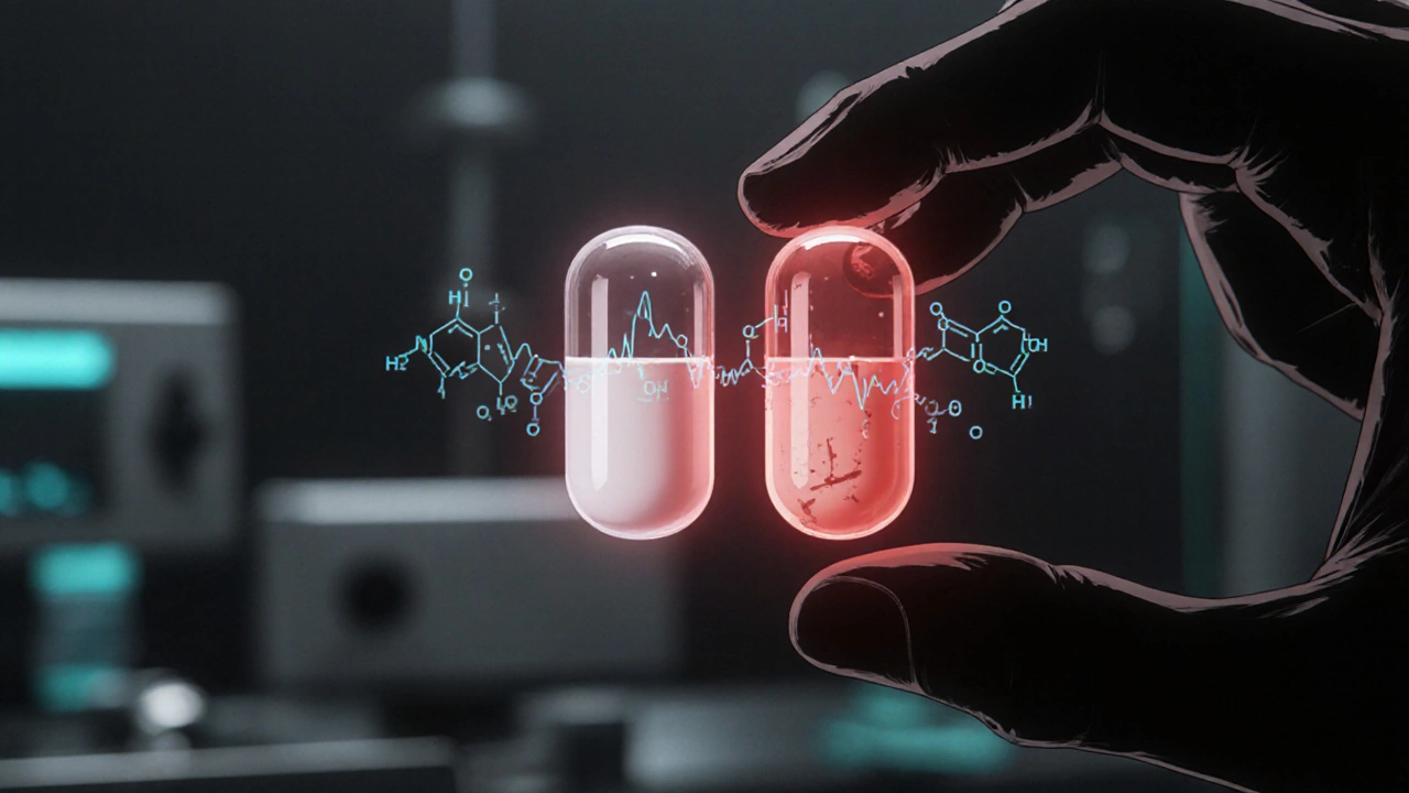 Two generic pills compared under NIR spectroscopy, with molecular spectra visualized above them.