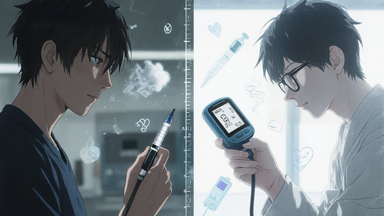 Two hands with insulin pen and monitor, ghostly symptoms of low blood sugar emerging around them.