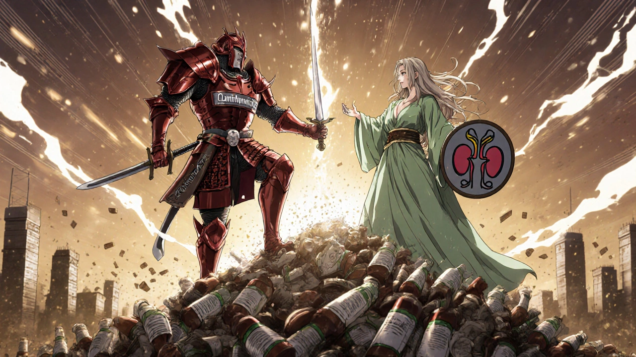 Warrior battle: clarithromycin vs azithromycin, symbolizing safe vs dangerous antibiotic choice for statin users.