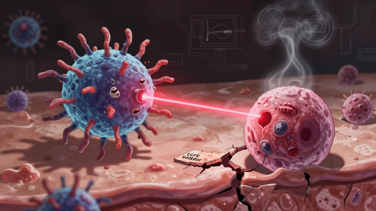 A cancer cell targeted by a laser while healthy skin cells are damaged, illustrating EGFR inhibitor side effects.