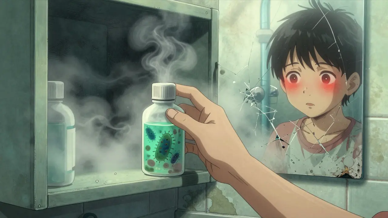 A child pulling a cloudy, contaminated liquid antibiotic from a humid bathroom cabinet, spectral bacteria swirling inside.