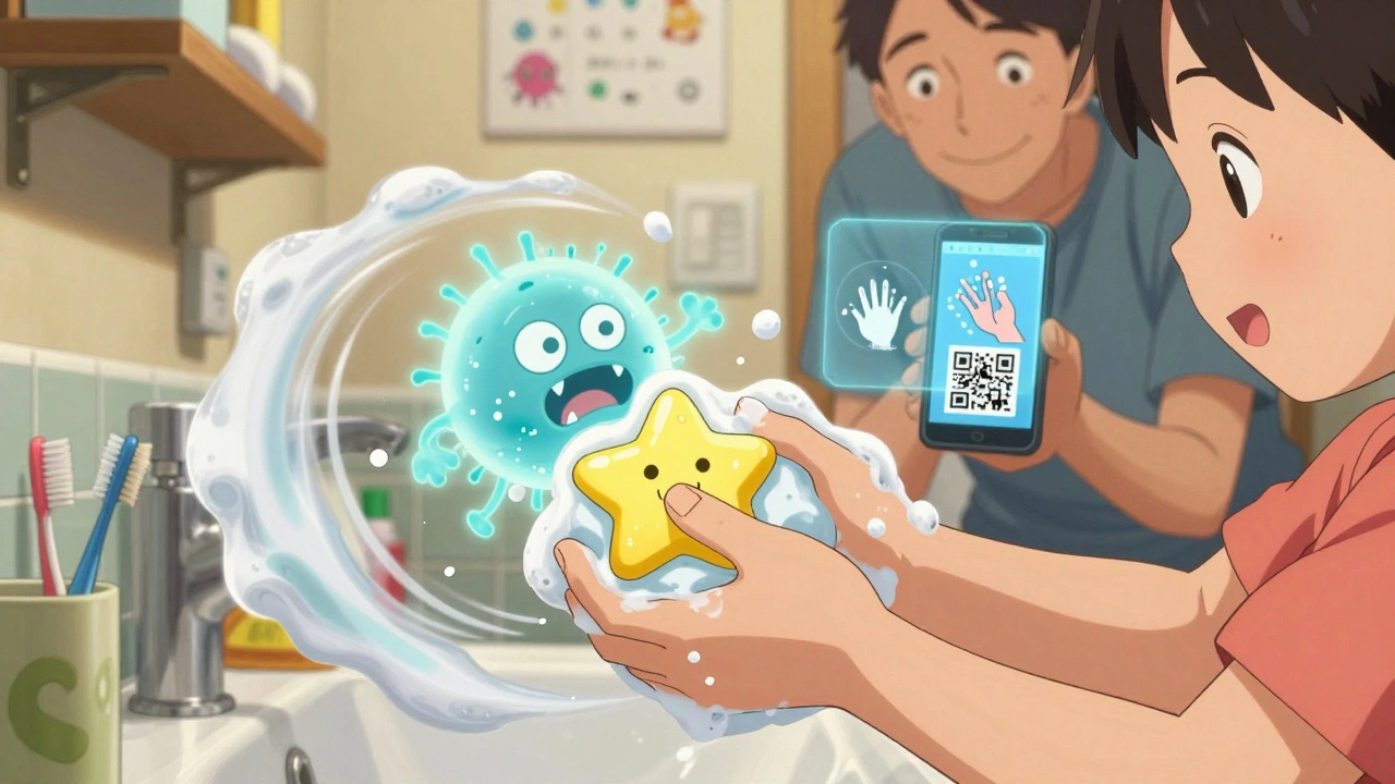 A child scrubbing hands with a star-shaped soap as cartoon germs vanish in suds, with a QR code projecting a handwashing guide.