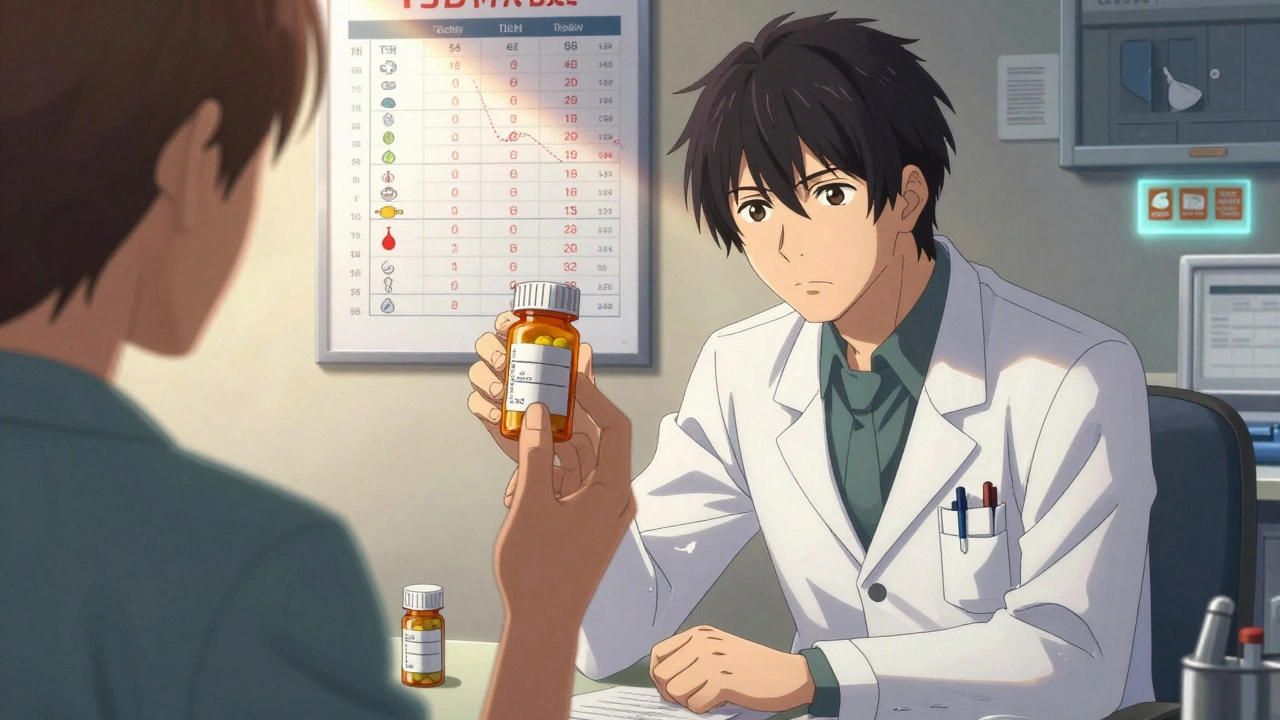 A doctor and patient examine pill bottles, medical charts showing abnormal test results behind them.
