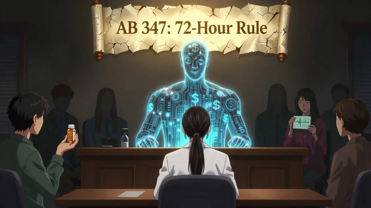 A doctor facing a giant AI insurer made of data and money, while patients fade away, with a glowing law scroll above.