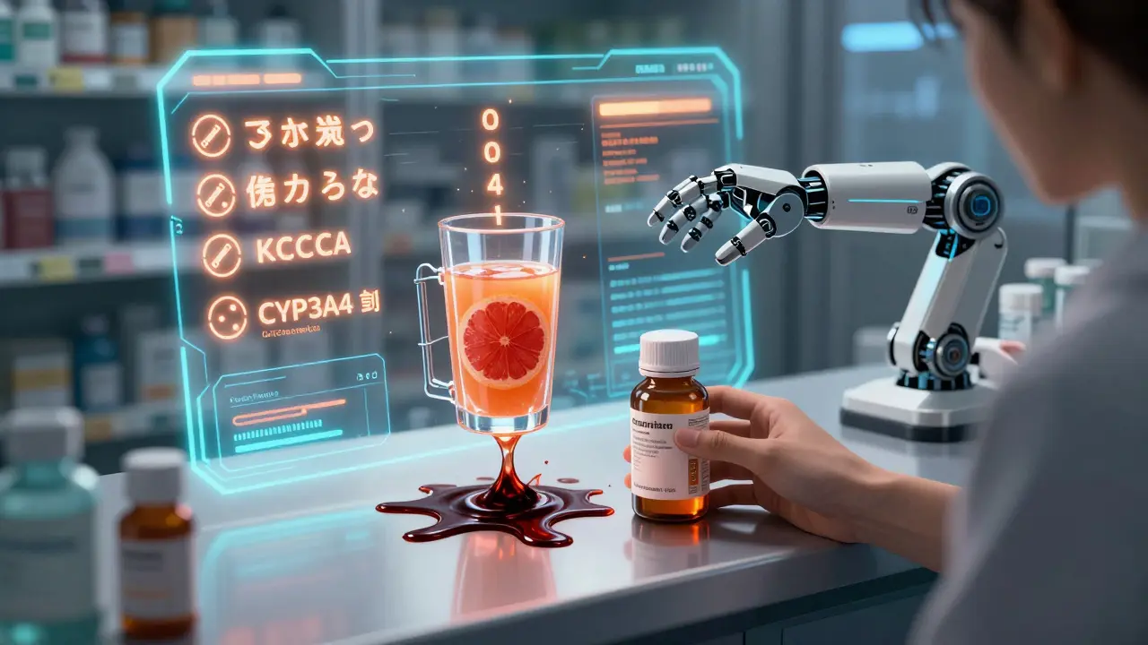 A futuristic pharmacy interface warning of grapefruit juice blocking a drug metabolism enzyme.
