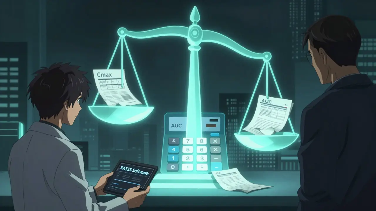 A glowing scale of justice balanced by Cmax and AUC, with failing Excel sheets and a researcher submitting PASS software.
