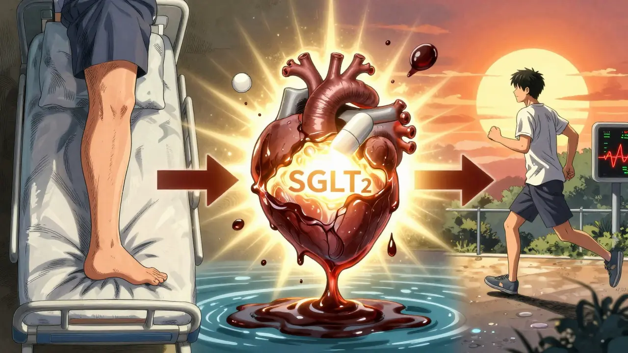 A glowing SGLT2 inhibitor pill pushes back dark fluid threatening a heart, illustrating safer diabetes treatment alternatives.