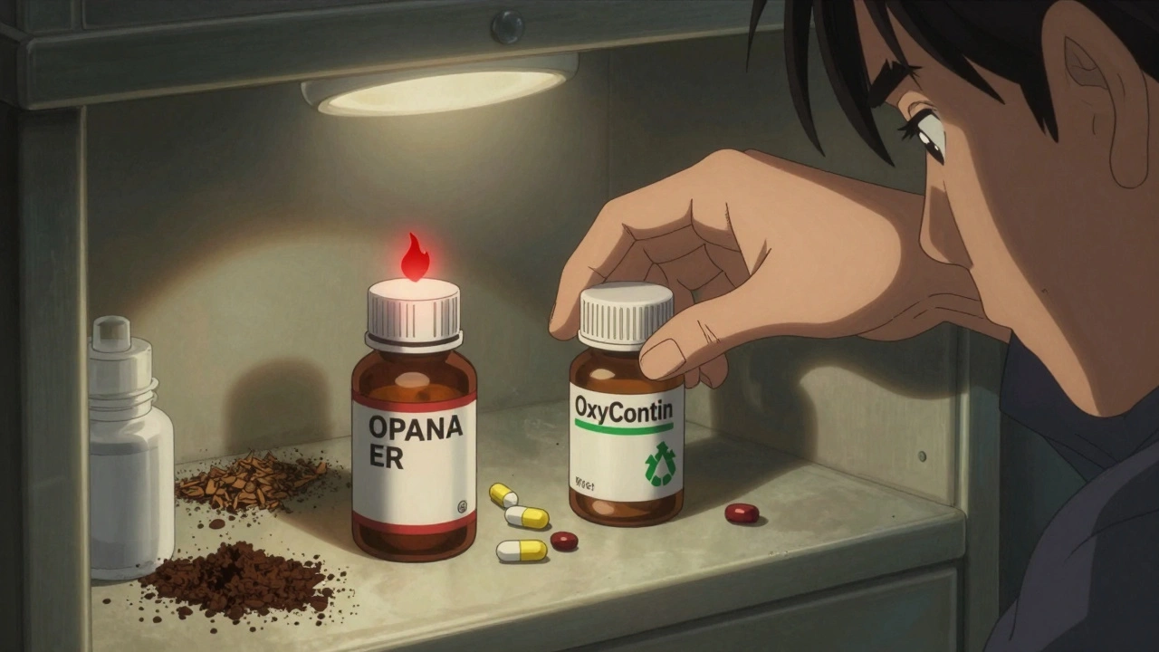 A medicine cabinet being sorted, with flush-list drugs marked in red and others in green.