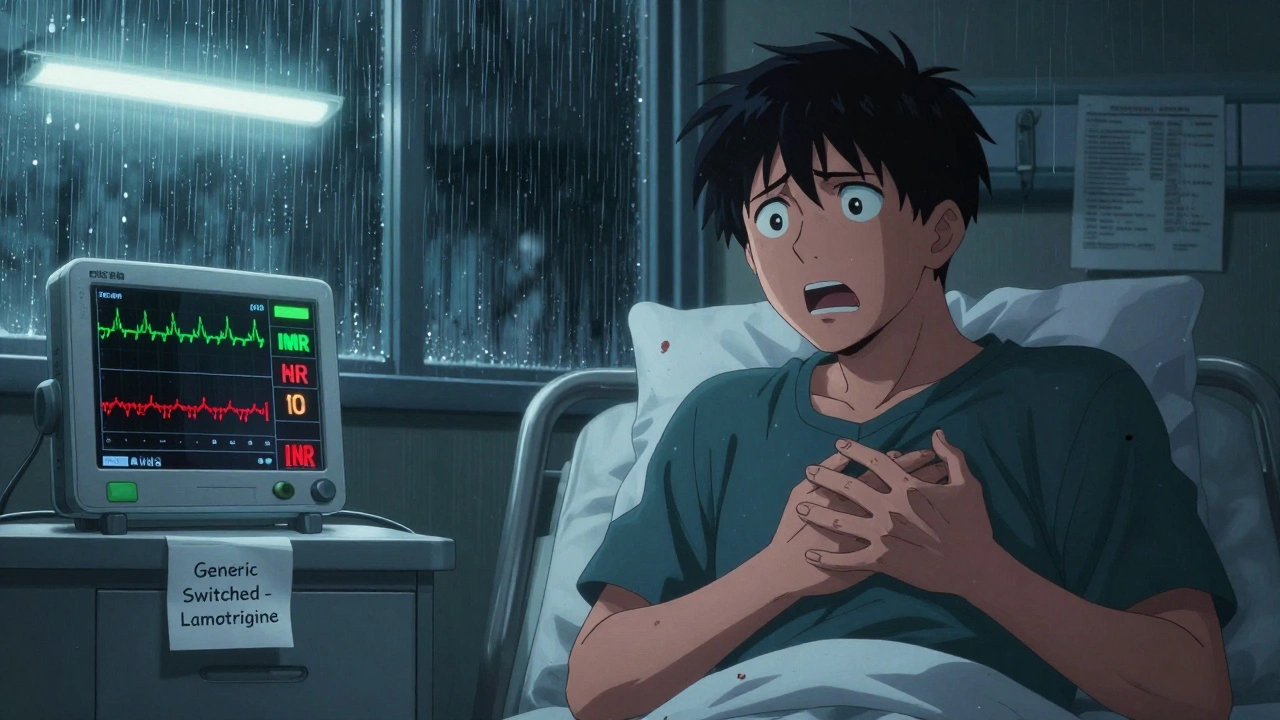 A patient clutches their chest in a hospital room as a monitor shows dangerous blood levels.