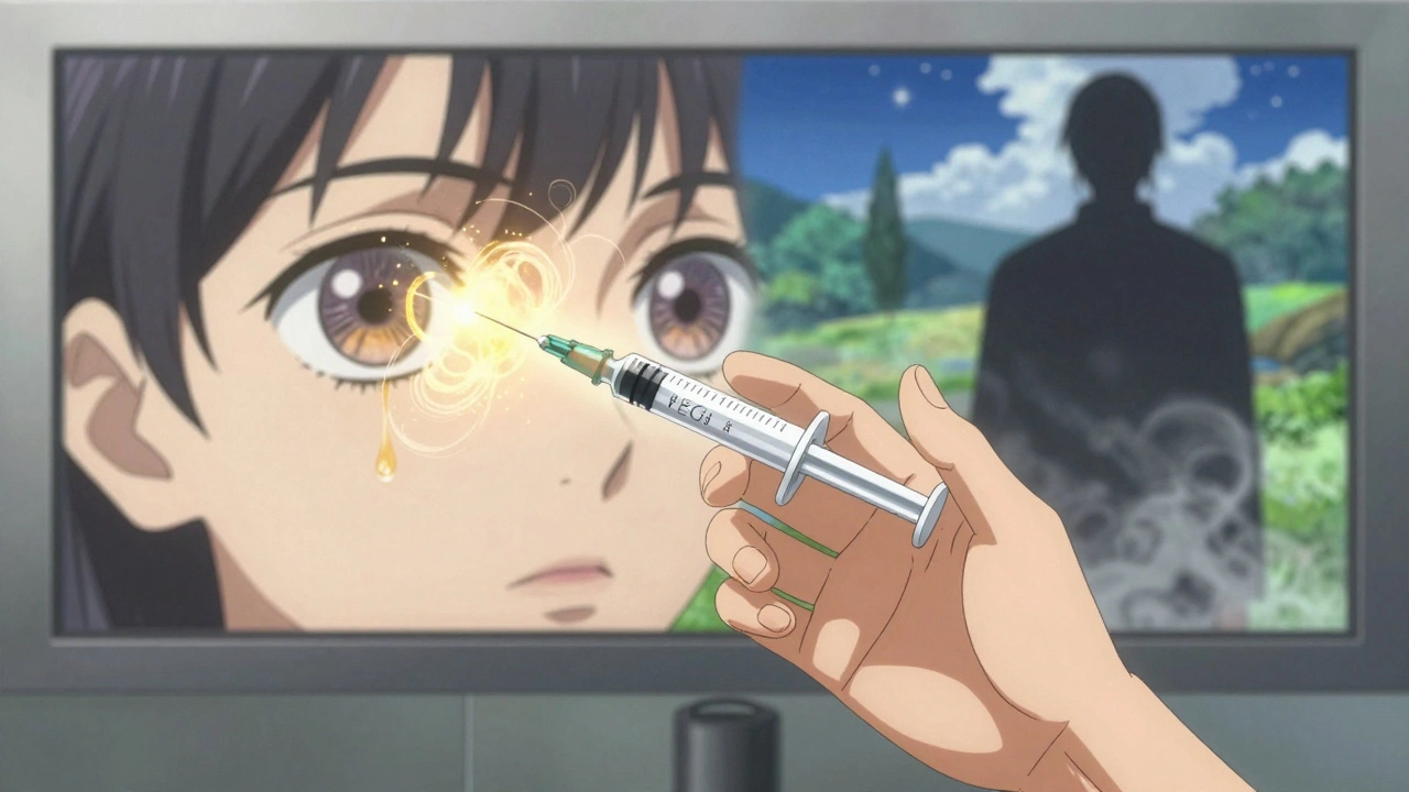 A patient receives an anti-VEGF injection as golden particles restore clear vision, contrasting with fading symbols of poor blood sugar control.