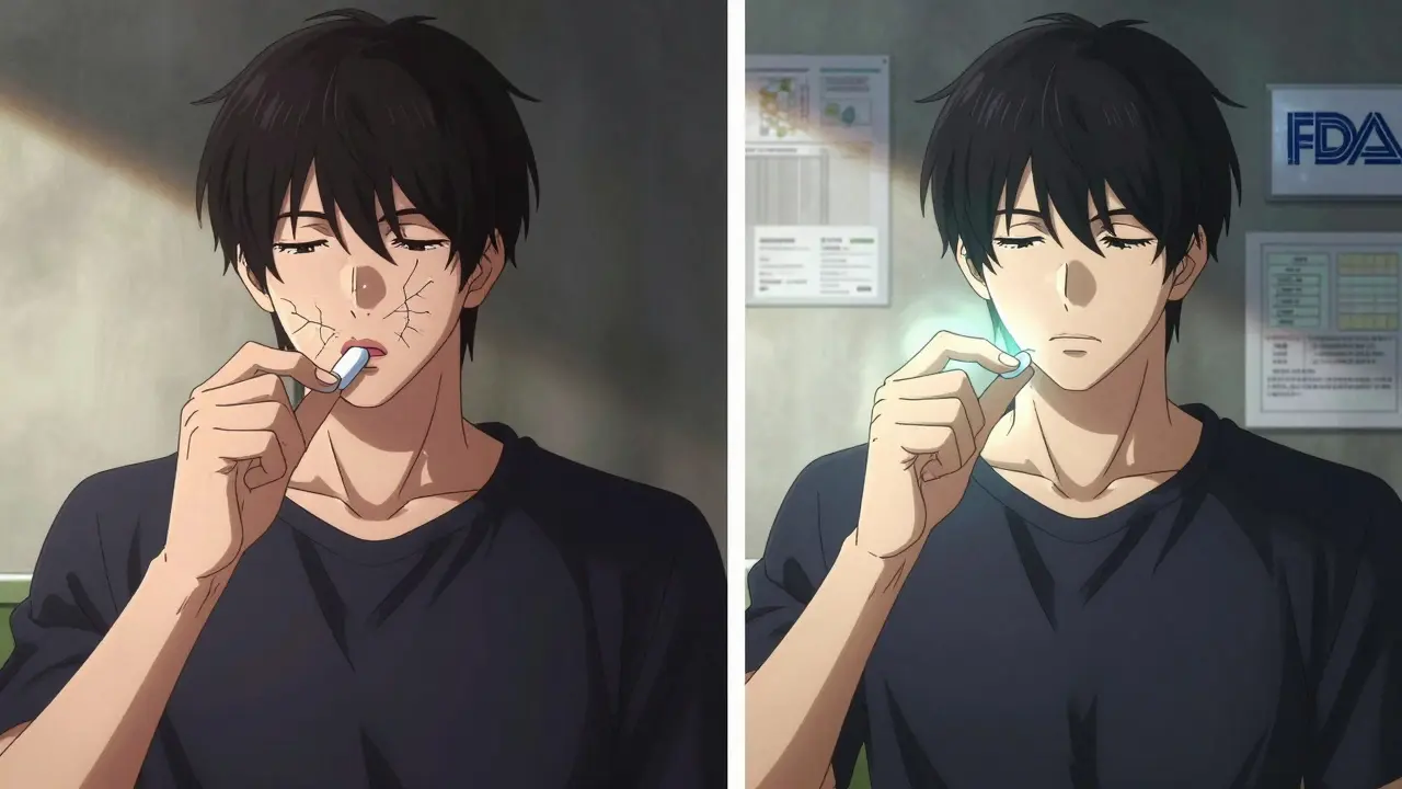 A patient taking two different generics—one causing visual instability, the other radiating calm consistency.