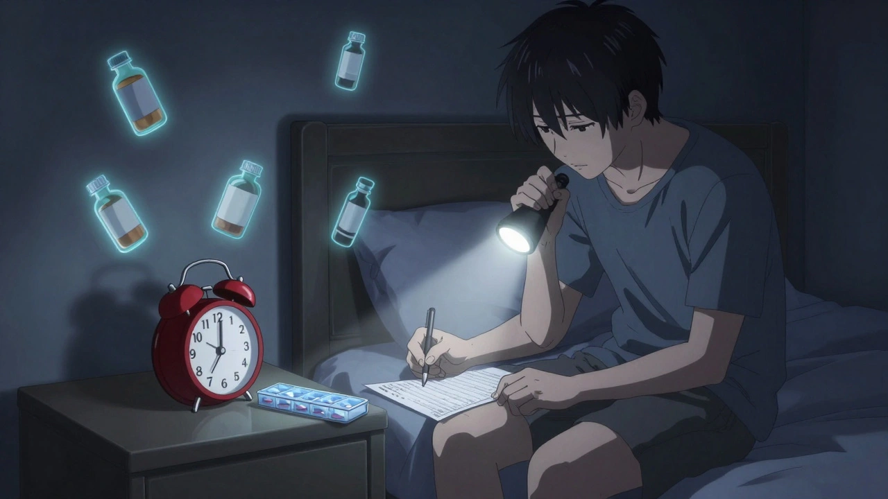 A person writing in a medication log at night, with ghostly outlines of risky substances nearby.