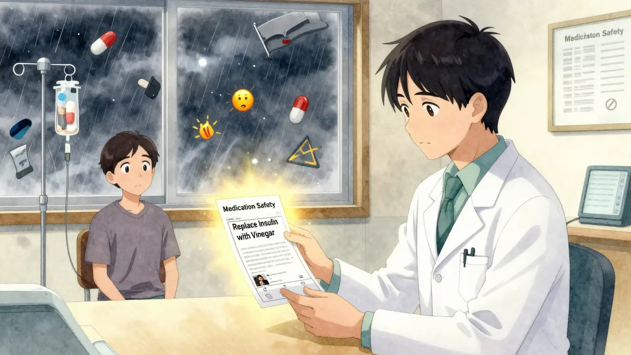 A pharmacist calmly reviewing false health advice while a patient finds safety in a peaceful clinic setting.