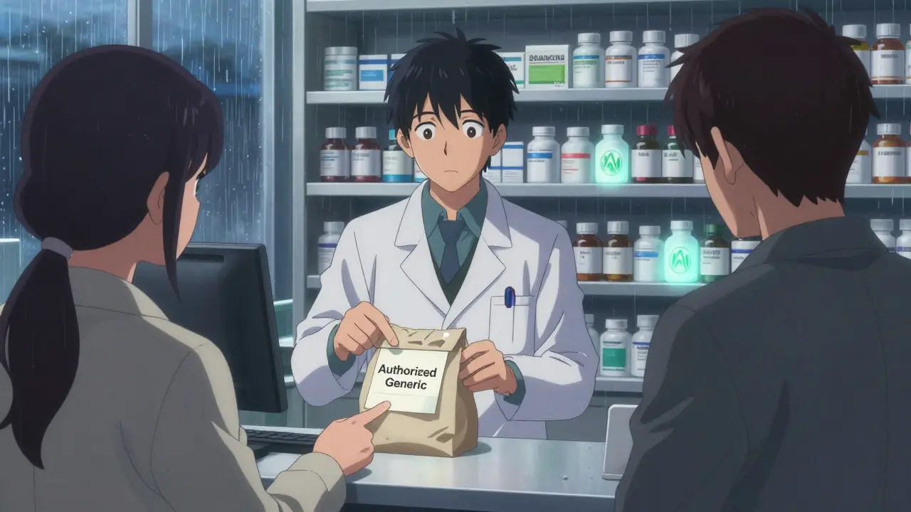 A pharmacist hands a prescription to a patient who notices an 'Authorized Generic' label on the bag.