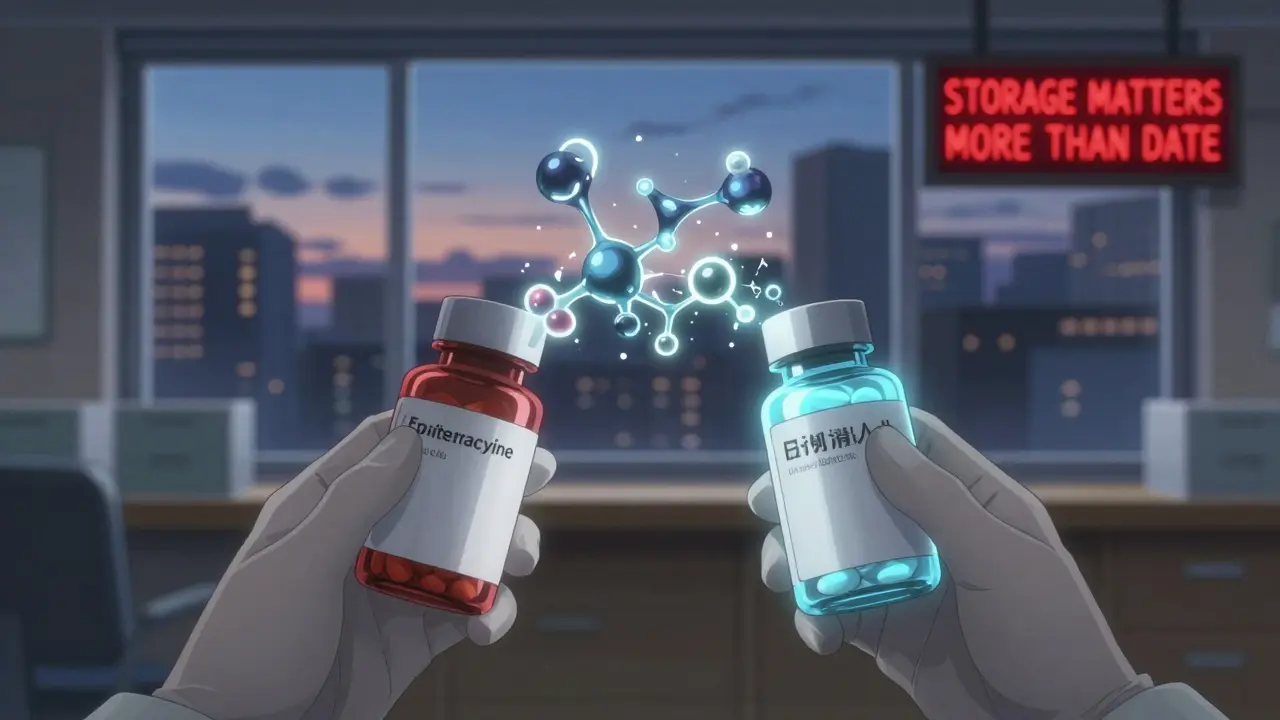 A pharmacist holding expired and fresh pill bottles, toxic molecular structures breaking apart in the expired one.