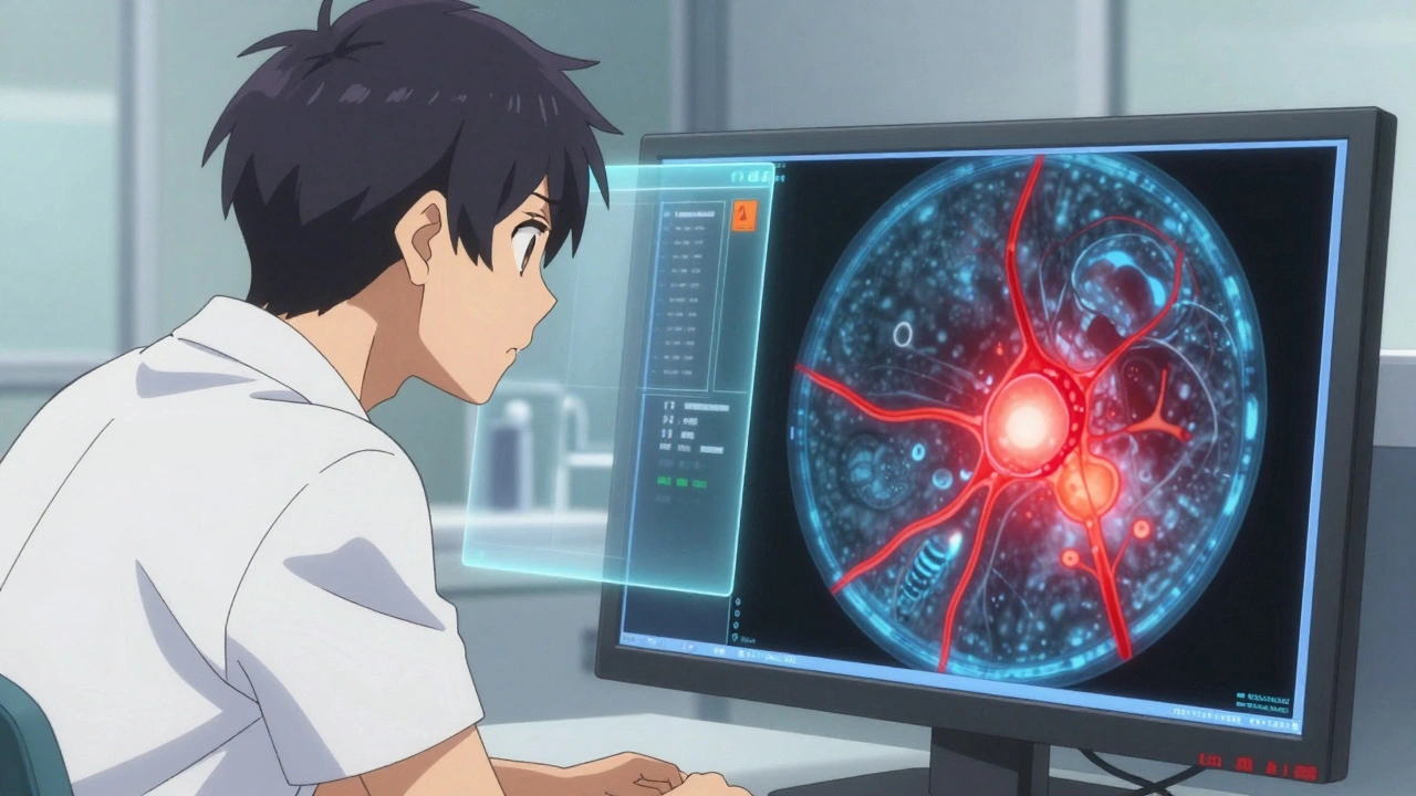 A retinal specialist examines a detailed retinal scan on a monitor, highlighting abnormal blood vessels with AI warnings in the background.