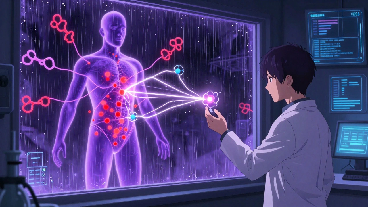 A scientist holding a molecule emitting energy waves that bind to multiple unintended targets in a human body.