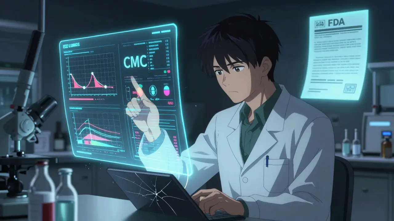 A scientist in a lab examines holographic drug data, with a refusal letter floating behind them in a high-tech facility.