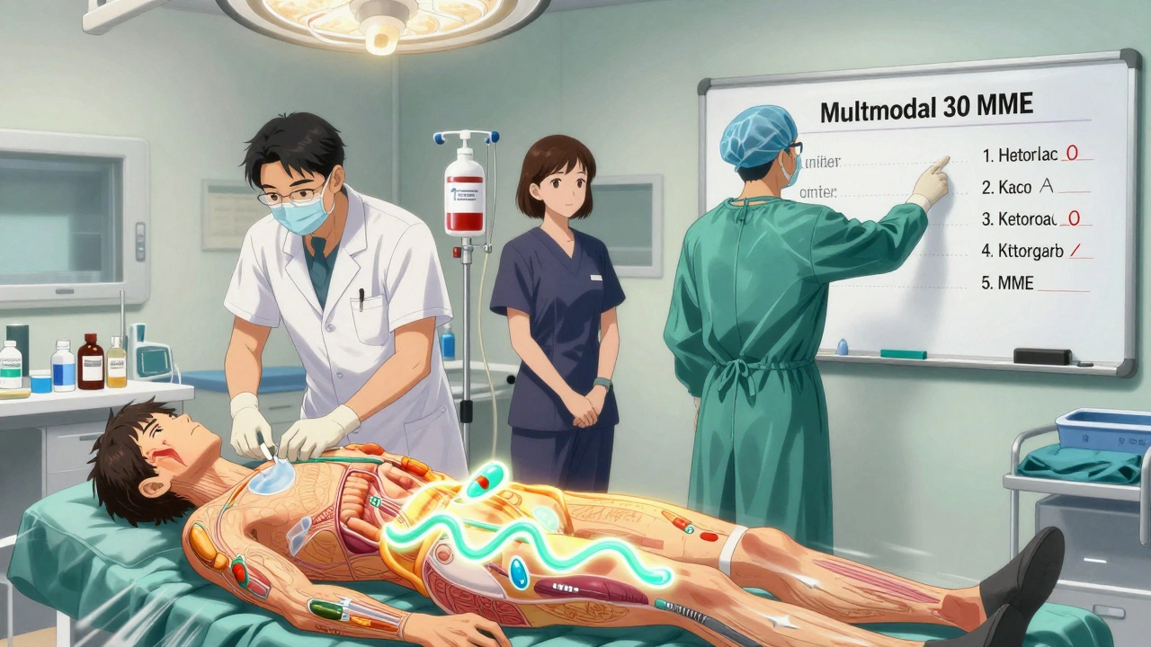 A surgical team administering non-opioid pain treatments while animated gut motility reactivates, with visual indicators of reduced opioid use.