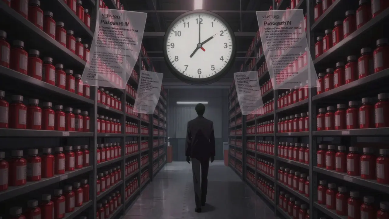 A warehouse of generic pills under dim light, with a shadowy figure approaching as patent expiration clocks tick down.