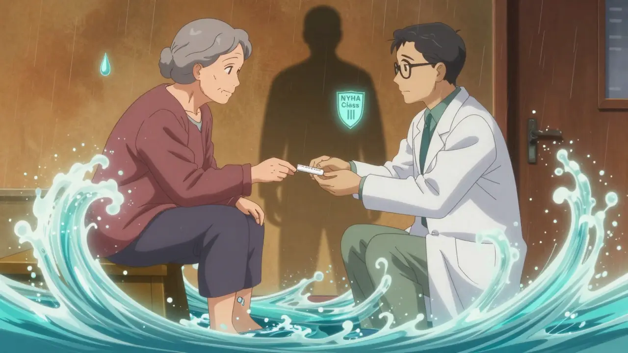 An elderly woman receives a TZD prescription as ghostly fluid rises around her legs, symbolizing fluid retention danger.