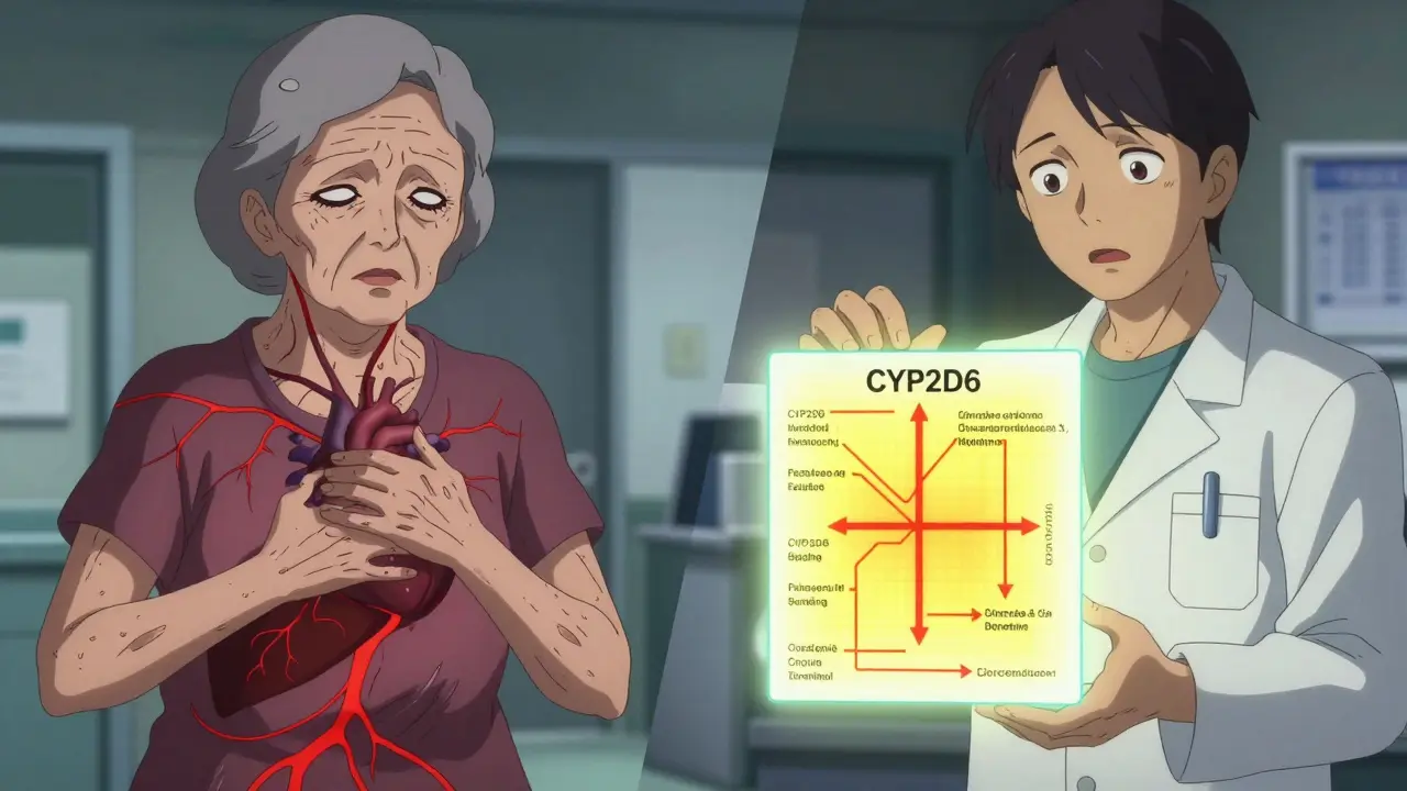 An elderly woman with warning veins and a pharmacist holding a genetic map of drug metabolism variants.