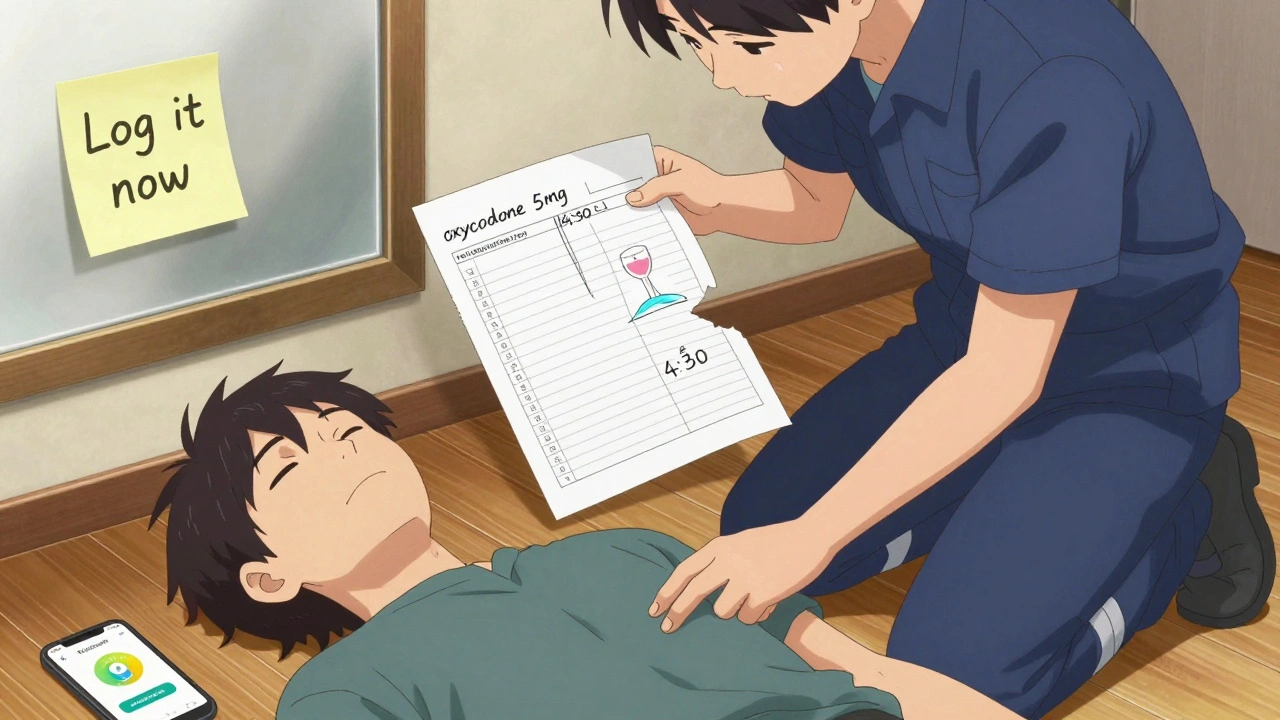 An emergency responder holding a medication log to identify what an unconscious person took.